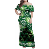 Matariki New Zealand Family Matching Off Shoulder Maxi Dress and Hawaiian Shirt NZ Niho Taniwha Maori New Year Green Galaxy