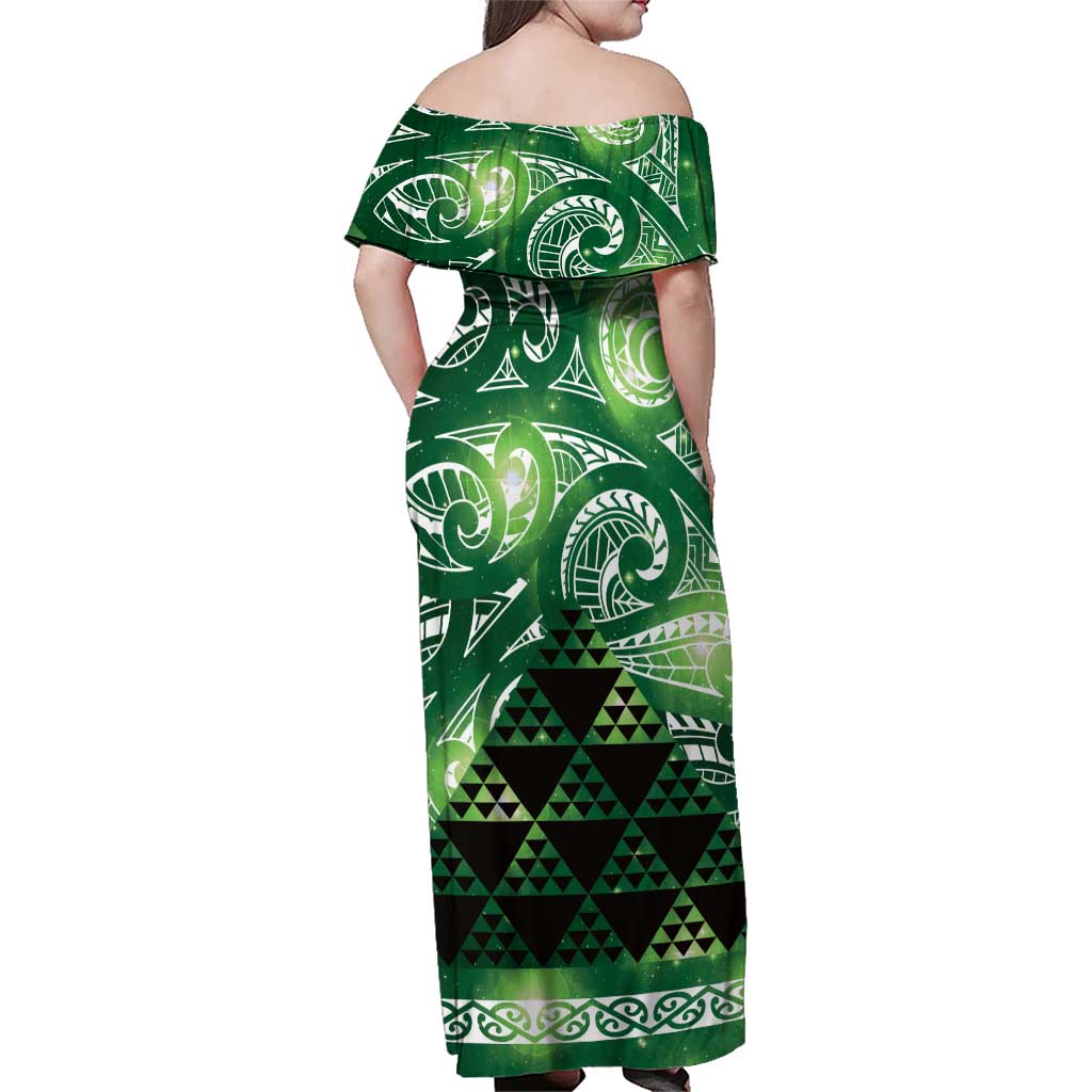 Matariki New Zealand Family Matching Off Shoulder Maxi Dress and Hawaiian Shirt NZ Niho Taniwha Maori New Year Green Galaxy