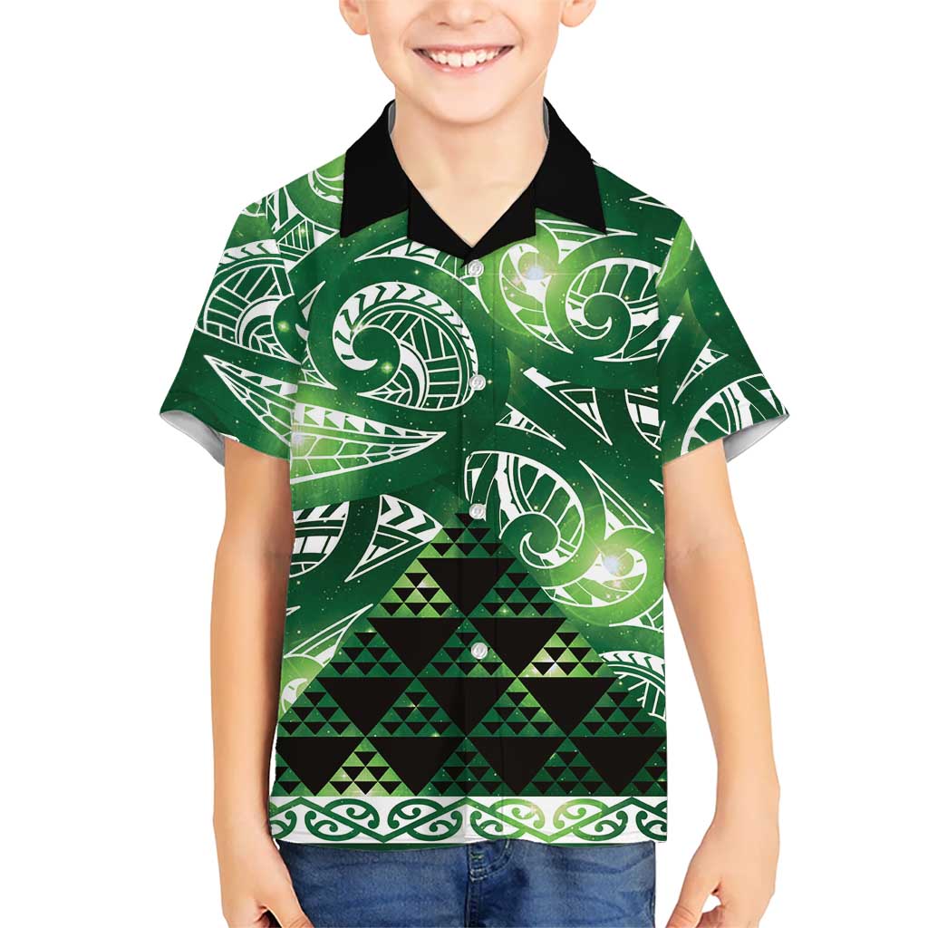 Matariki New Zealand Family Matching Off Shoulder Maxi Dress and Hawaiian Shirt NZ Niho Taniwha Maori New Year Green Galaxy