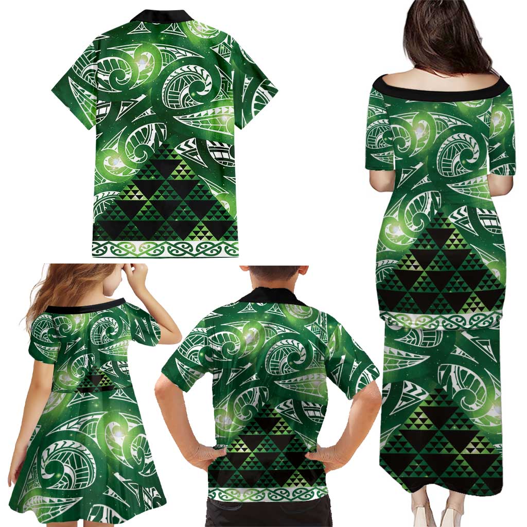 Matariki New Zealand Family Matching Puletasi and Hawaiian Shirt NZ Niho Taniwha Maori New Year Green Galaxy