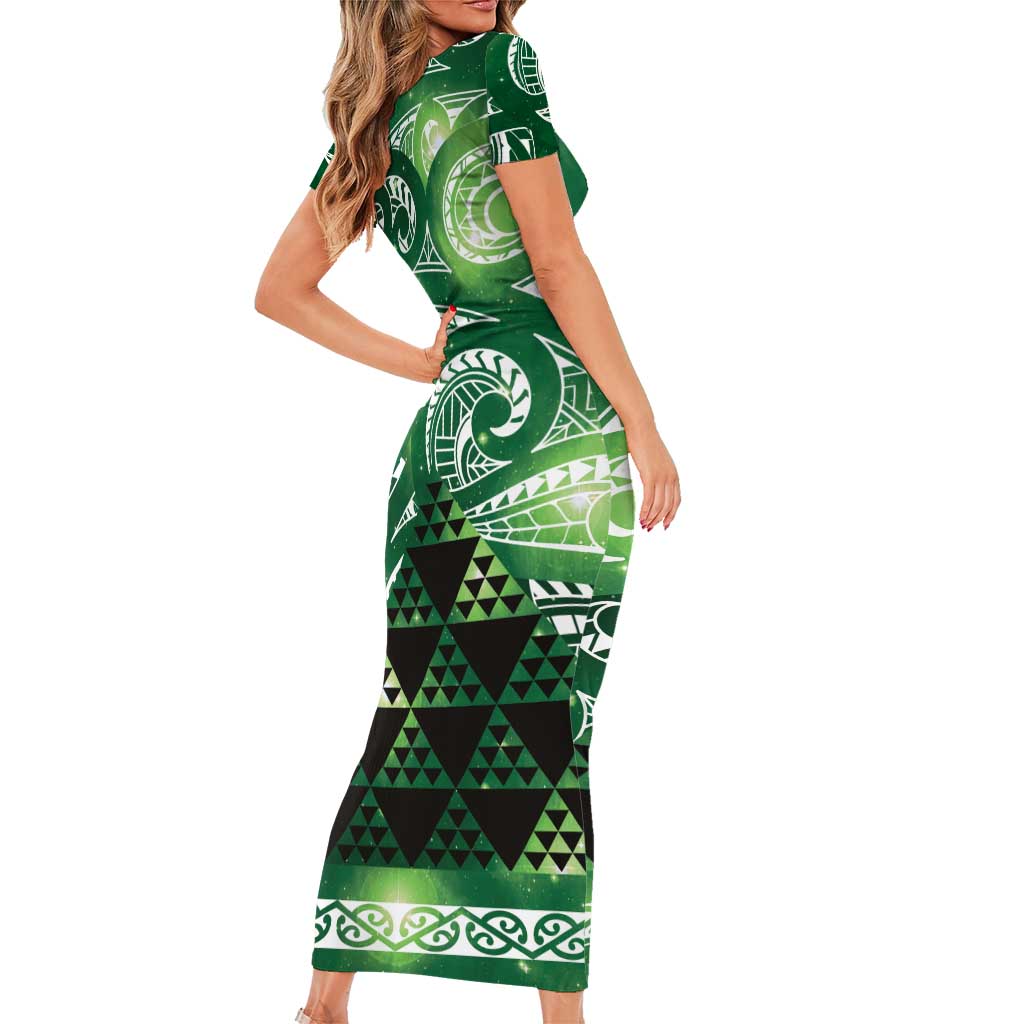 Matariki New Zealand Family Matching Short Sleeve Bodycon Dress and Hawaiian Shirt NZ Niho Taniwha Maori New Year Green Galaxy