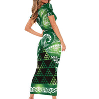 Matariki New Zealand Family Matching Short Sleeve Bodycon Dress and Hawaiian Shirt NZ Niho Taniwha Maori New Year Green Galaxy