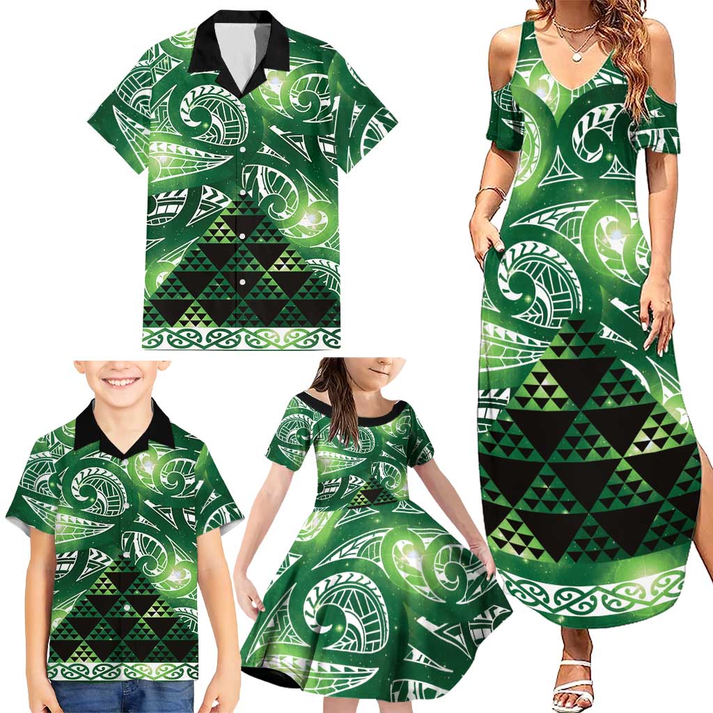Matariki New Zealand Family Matching Summer Maxi Dress and Hawaiian Shirt NZ Niho Taniwha Maori New Year Green Galaxy