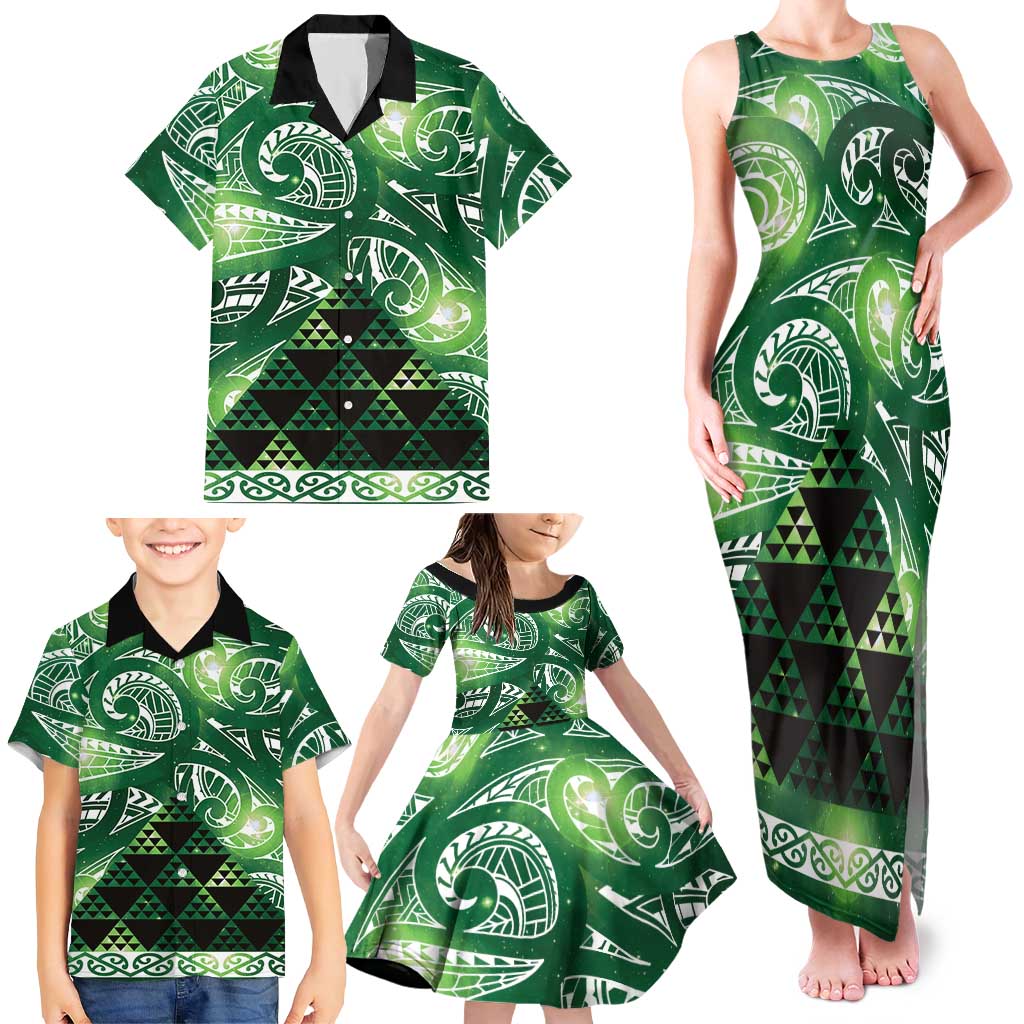 Matariki New Zealand Family Matching Tank Maxi Dress and Hawaiian Shirt NZ Niho Taniwha Maori New Year Green Galaxy