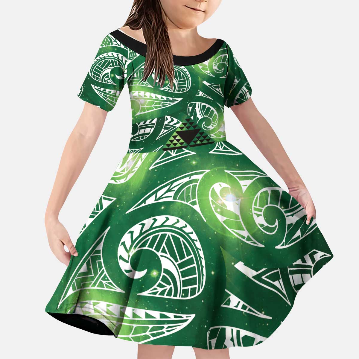 Matariki New Zealand Kid Short Sleeve Dress NZ Niho Taniwha Maori New Year Green Galaxy