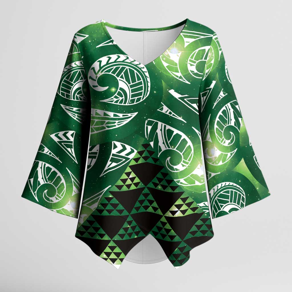 Matariki New Zealand Kimono Sleeve Blouse NZ Niho Taniwha Maori New Year Green Galaxy