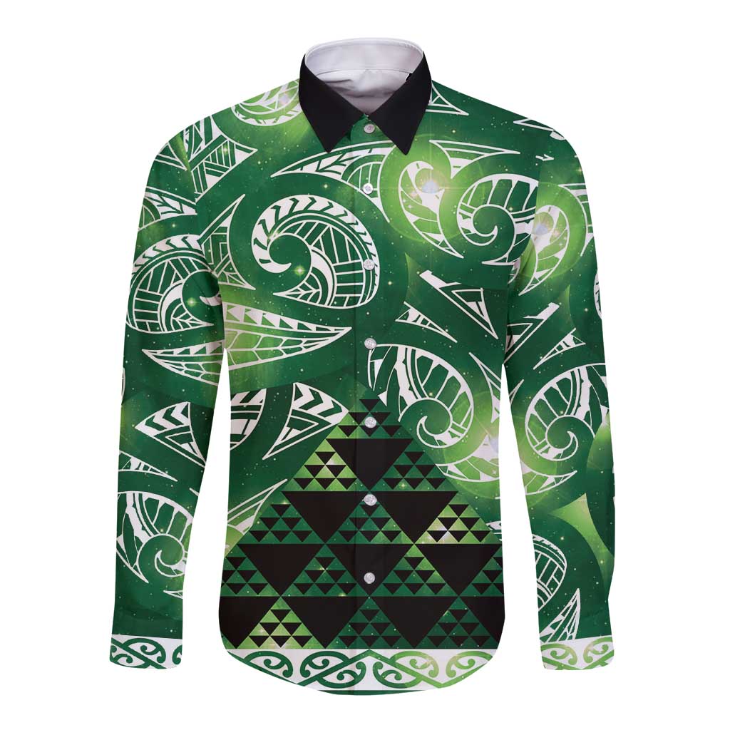 Matariki New Zealand Long Sleeve Button Shirt NZ Niho Taniwha Maori New Year Green Galaxy