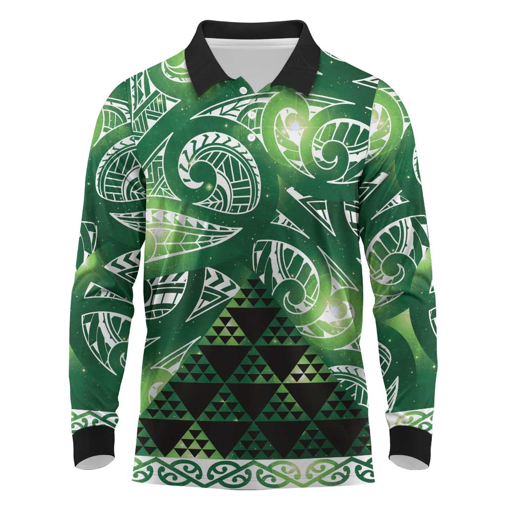 Matariki New Zealand Long Sleeve Polo Shirt NZ Niho Taniwha Maori New Year Green Galaxy