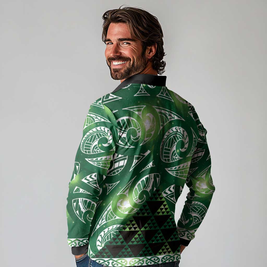 Matariki New Zealand Long Sleeve Polo Shirt NZ Niho Taniwha Maori New Year Green Galaxy