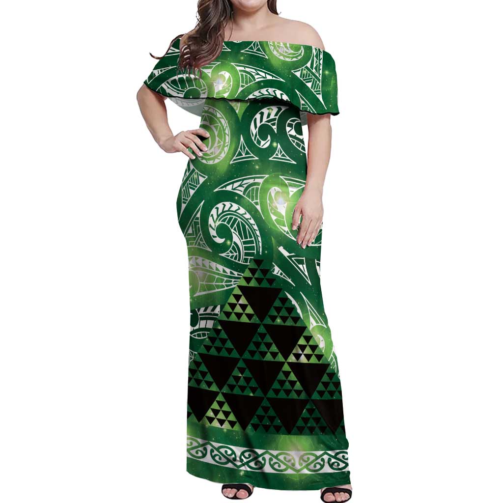 Matariki New Zealand Off Shoulder Maxi Dress NZ Niho Taniwha Maori New Year Green Galaxy