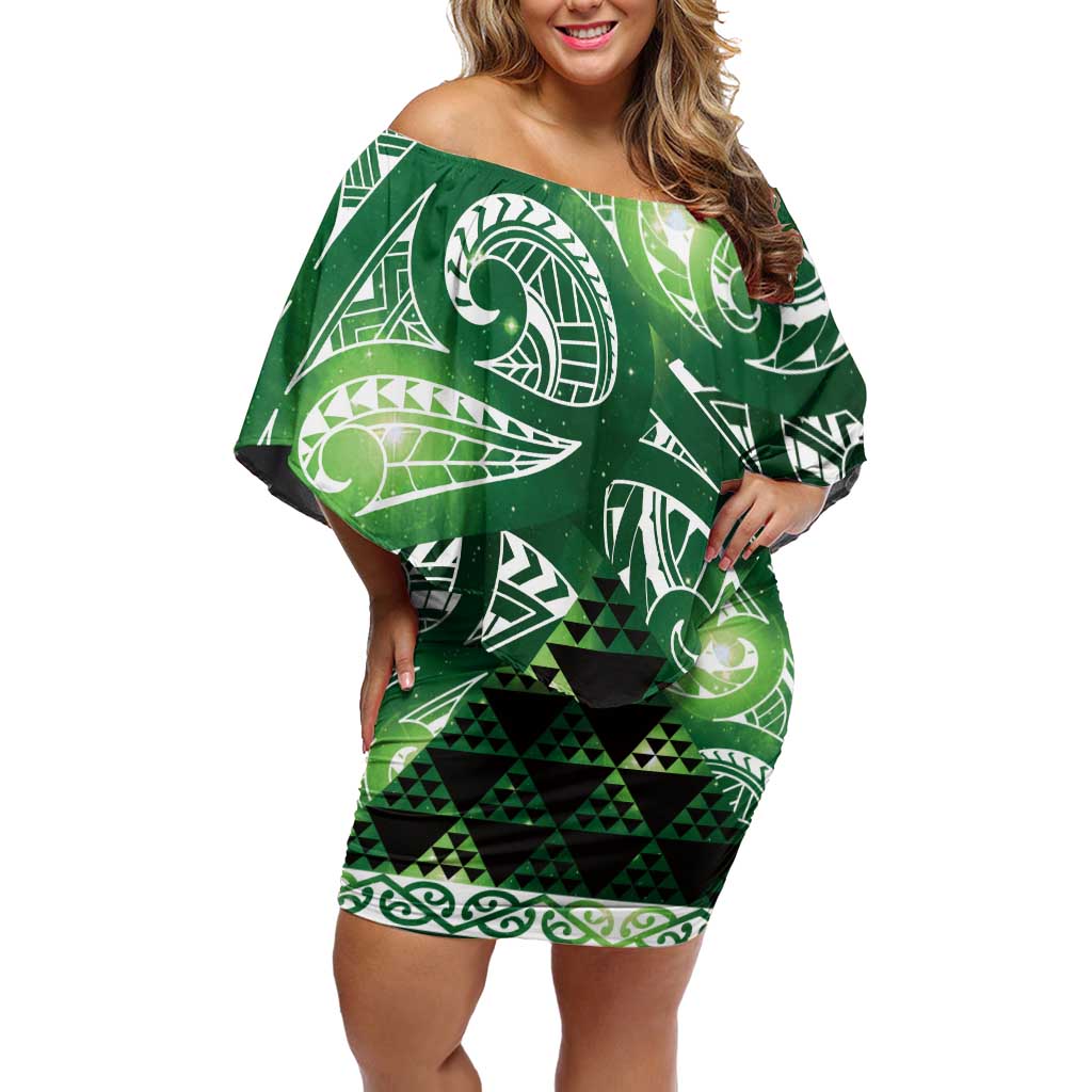 Matariki New Zealand Off Shoulder Short Dress NZ Niho Taniwha Maori New Year Green Galaxy