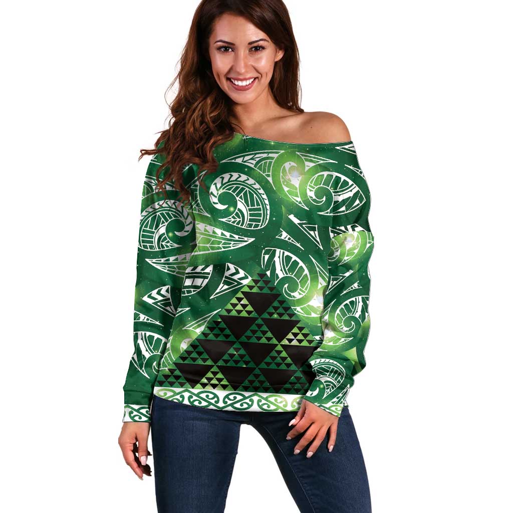 Matariki New Zealand Off Shoulder Sweater NZ Niho Taniwha Maori New Year Green Galaxy
