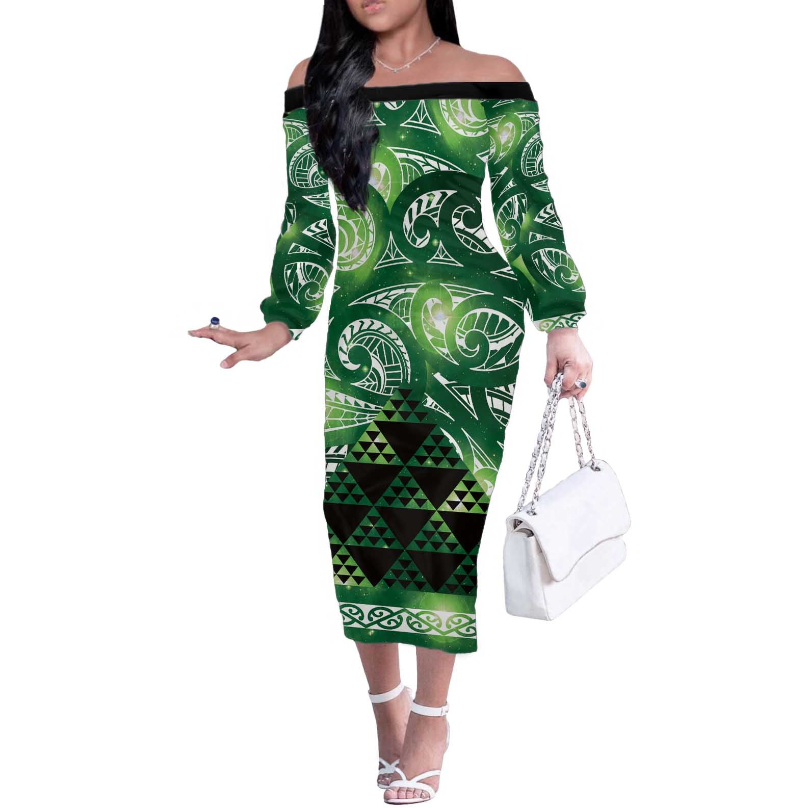 Matariki New Zealand Off The Shoulder Long Sleeve Dress NZ Niho Taniwha Maori New Year Green Galaxy