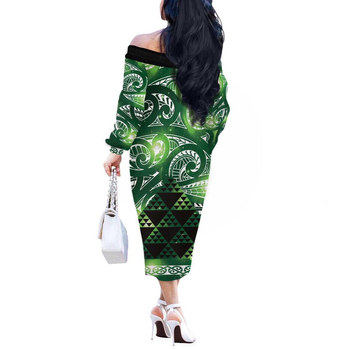 Matariki New Zealand Off The Shoulder Long Sleeve Dress NZ Niho Taniwha Maori New Year Green Galaxy