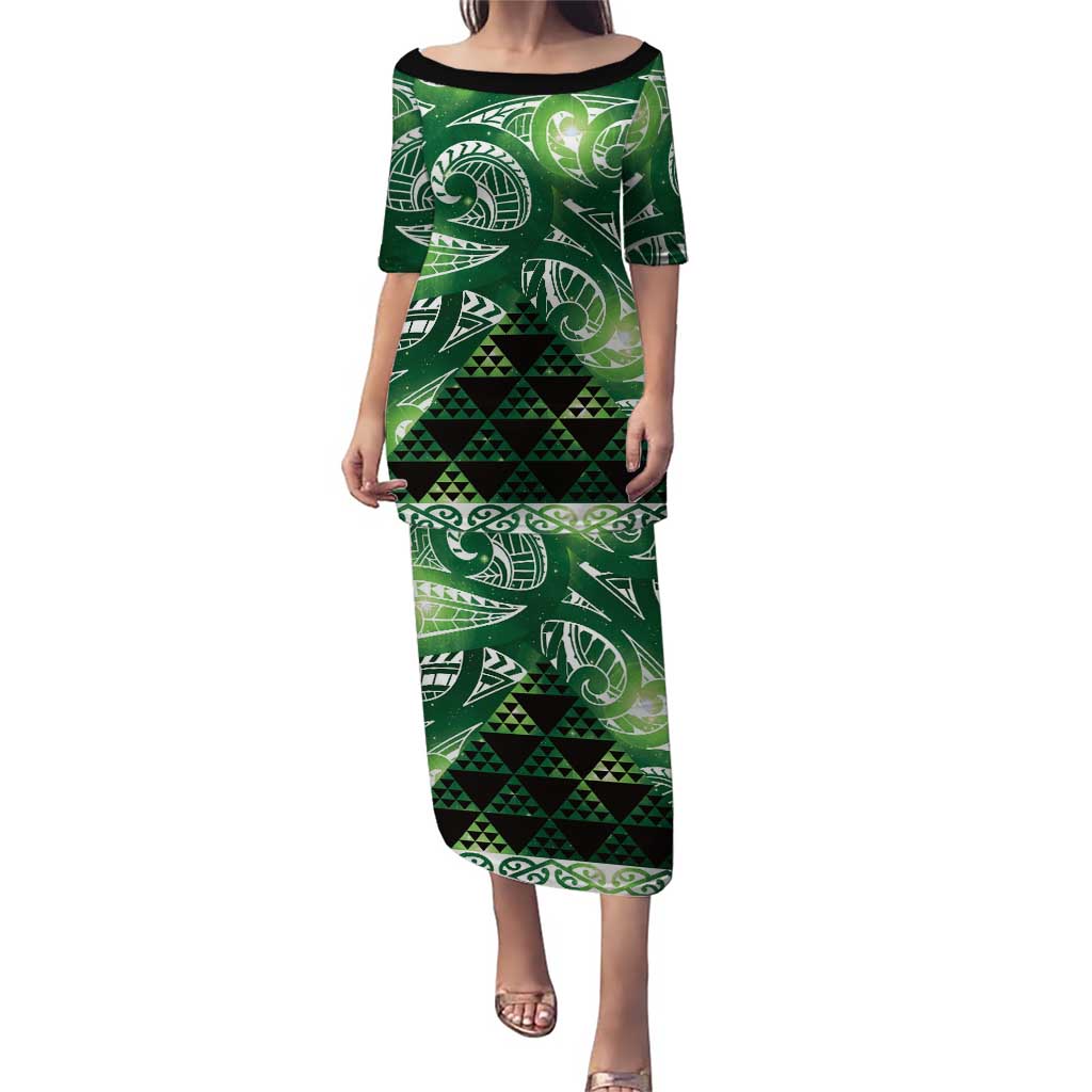 Matariki New Zealand Puletasi NZ Niho Taniwha Maori New Year Green Galaxy LT14 Long Dress Green - Polynesian Pride