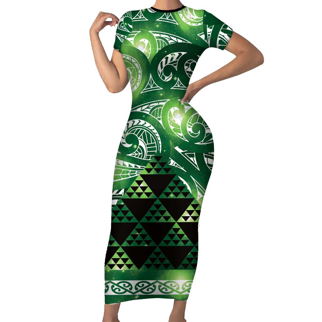 Matariki New Zealand Short Sleeve Bodycon Dress NZ Niho Taniwha Maori New Year Green Galaxy