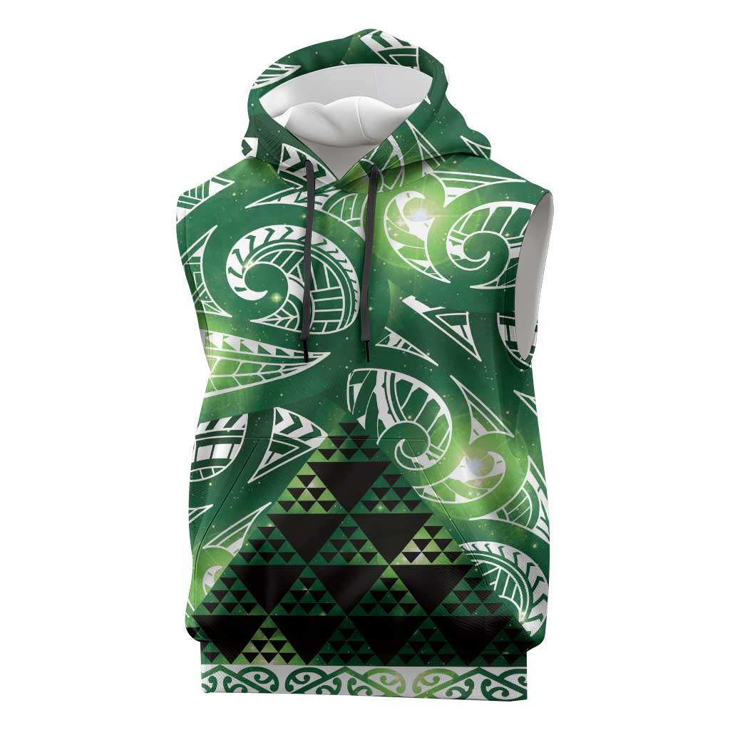Matariki New Zealand Sleeveless Hoodie NZ Niho Taniwha Maori New Year Green Galaxy
