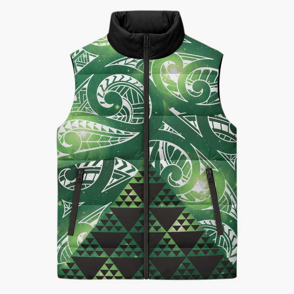 Matariki New Zealand Sleeveless Puffer Jacket NZ Niho Taniwha Maori New Year Green Galaxy