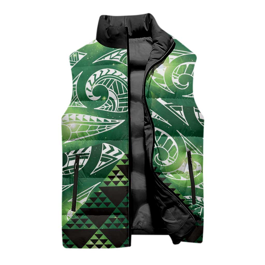 Matariki New Zealand Sleeveless Puffer Jacket NZ Niho Taniwha Maori New Year Green Galaxy