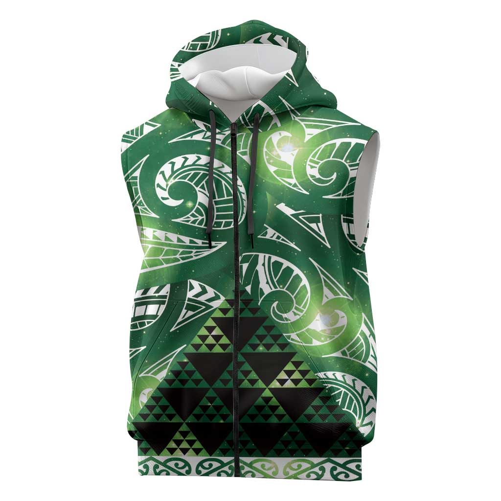 Matariki New Zealand Sleeveless Zip Hoodie NZ Niho Taniwha Maori New Year Green Galaxy