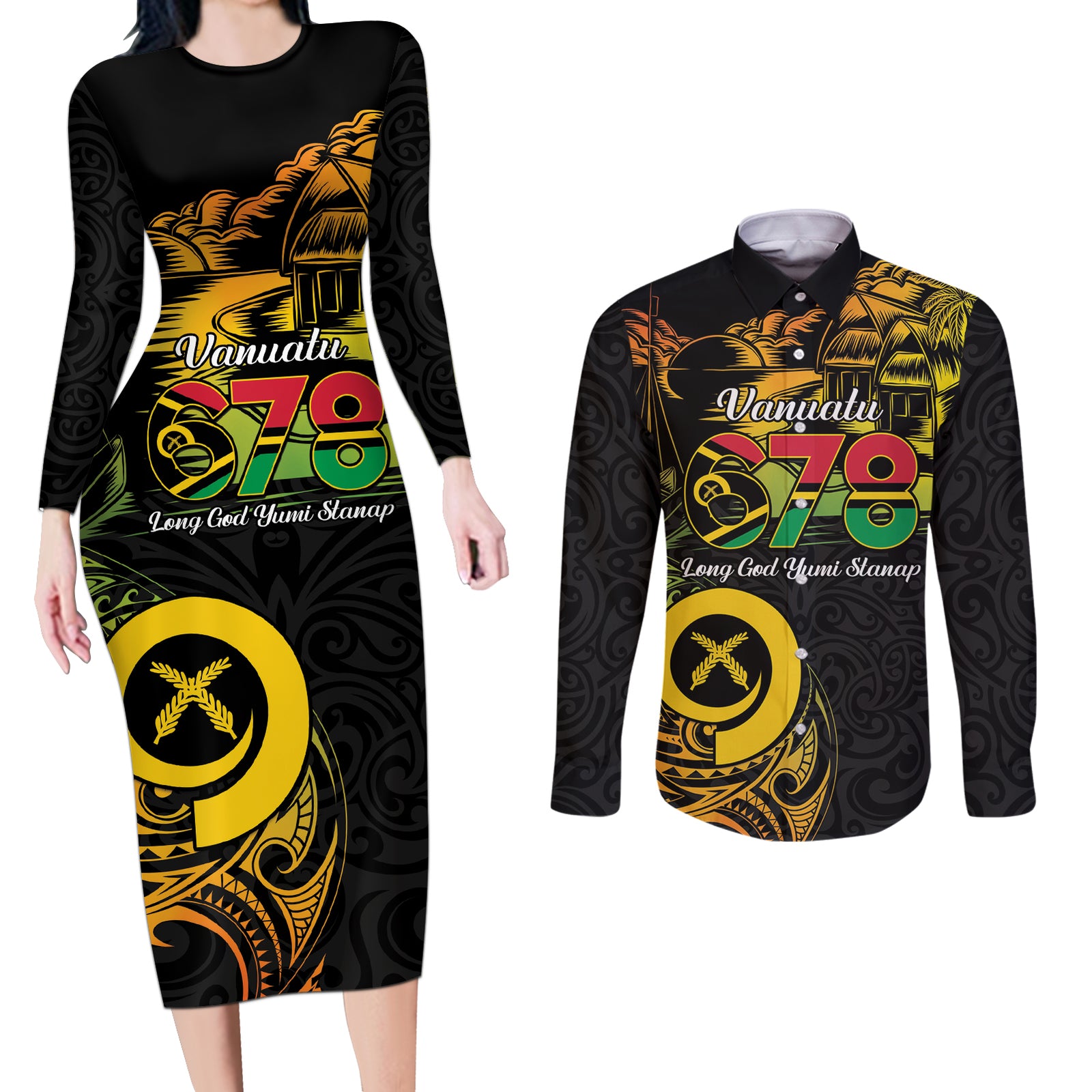 Personalised Vanuatu 678 Couples Matching Long Sleeve Bodycon Dress and Long Sleeve Button Shirt Proud To Be A Ni-Van LT14 Black - Polynesian Pride