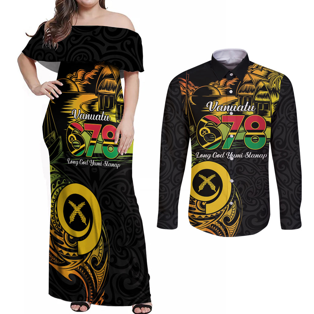 Personalised Vanuatu 678 Couples Matching Off Shoulder Maxi Dress and Long Sleeve Button Shirt Proud To Be A Ni-Van LT14 Black - Polynesian Pride