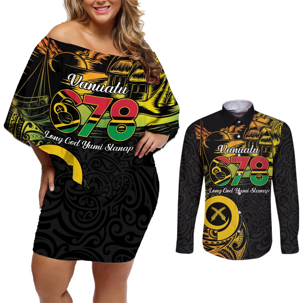 Personalised Vanuatu 678 Couples Matching Off Shoulder Short Dress and Long Sleeve Button Shirt Proud To Be A Ni-Van LT14 Black - Polynesian Pride