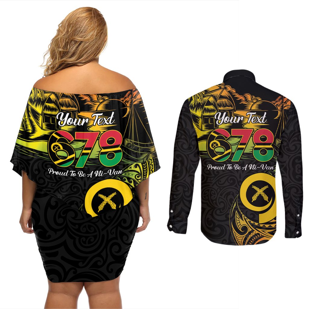 Personalised Vanuatu 678 Couples Matching Off Shoulder Short Dress and Long Sleeve Button Shirt Proud To Be A Ni-Van LT14 - Polynesian Pride