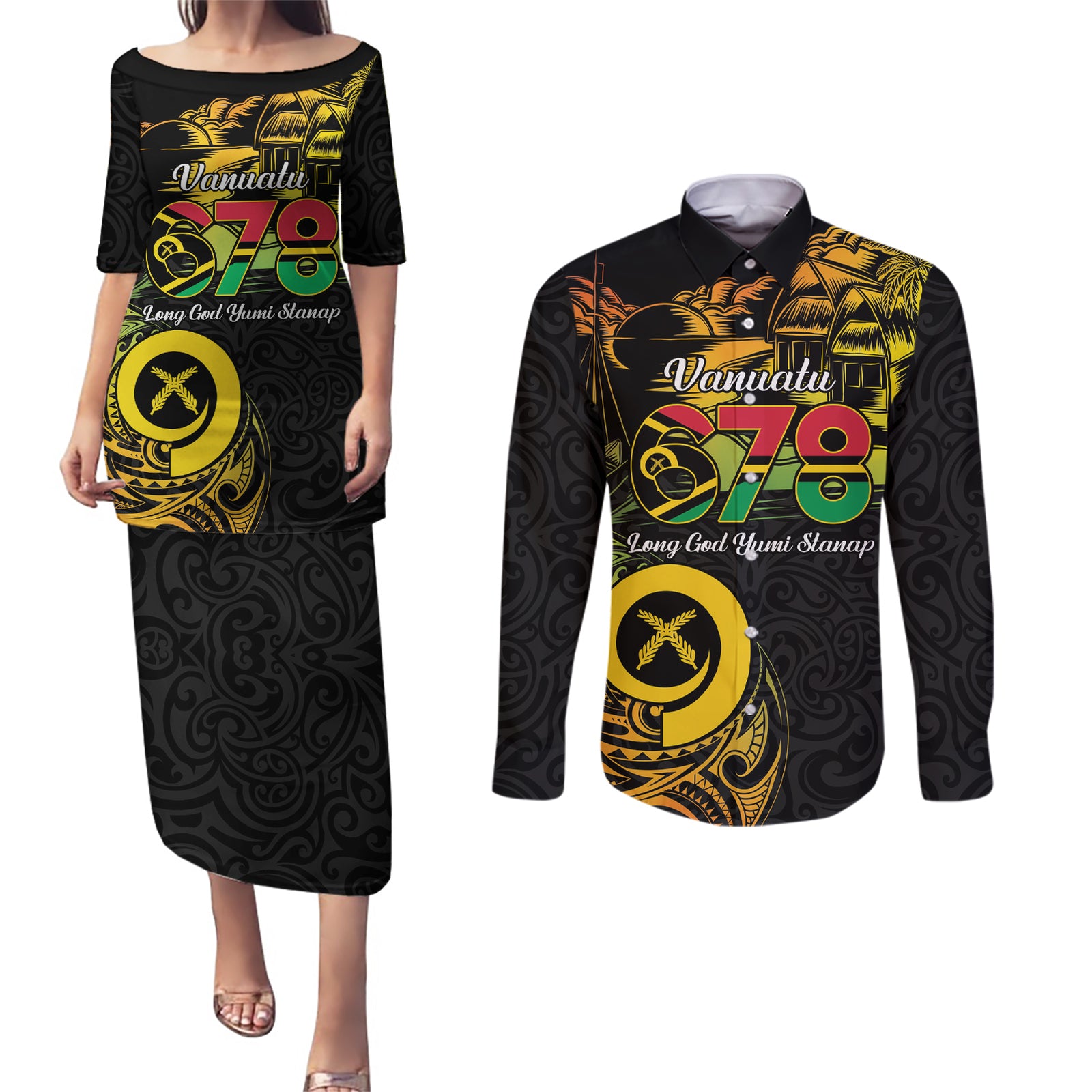Personalised Vanuatu 678 Couples Matching Puletasi and Long Sleeve Button Shirt Proud To Be A Ni-Van LT14 Black - Polynesian Pride