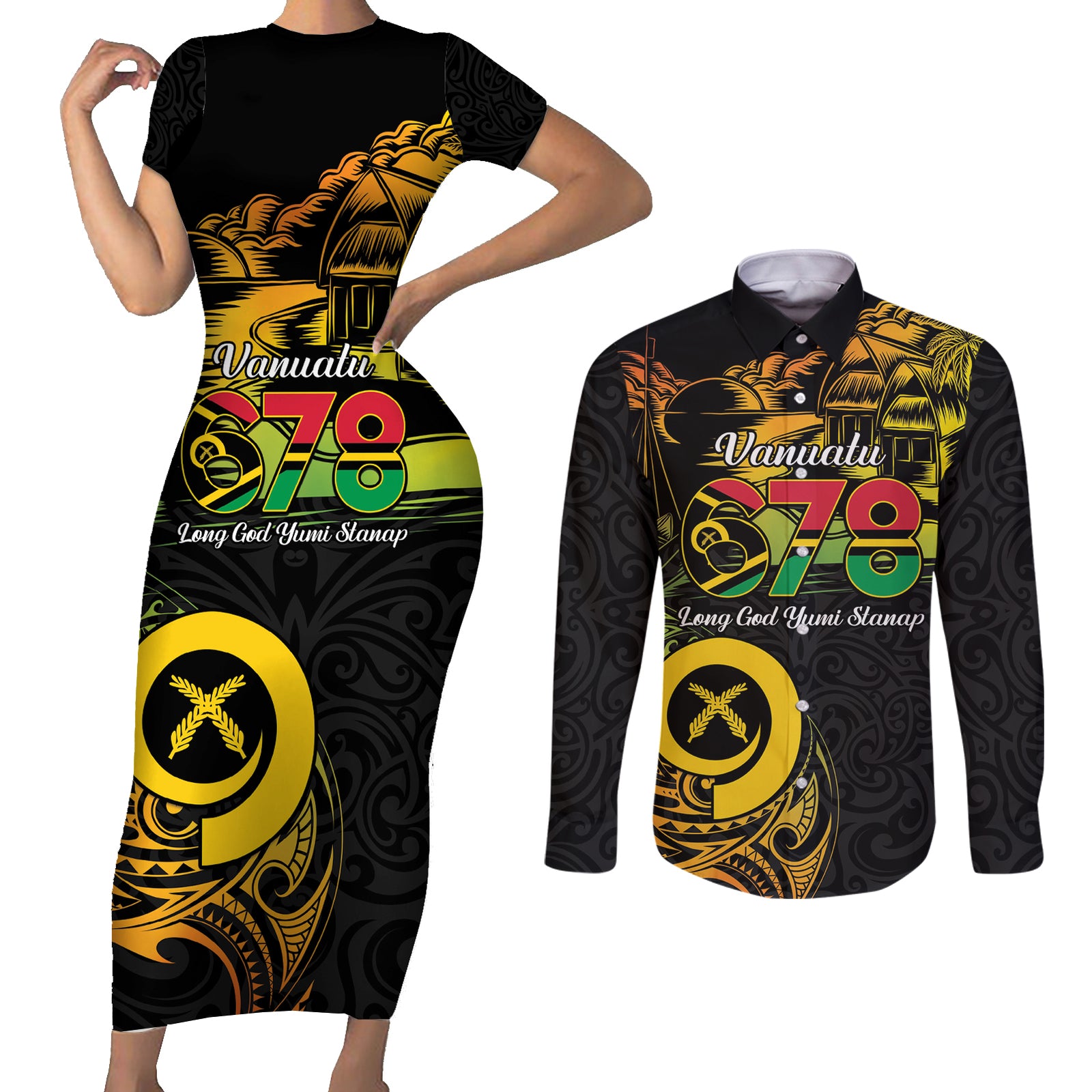 Personalised Vanuatu 678 Couples Matching Short Sleeve Bodycon Dress and Long Sleeve Button Shirt Proud To Be A Ni-Van LT14 Black - Polynesian Pride