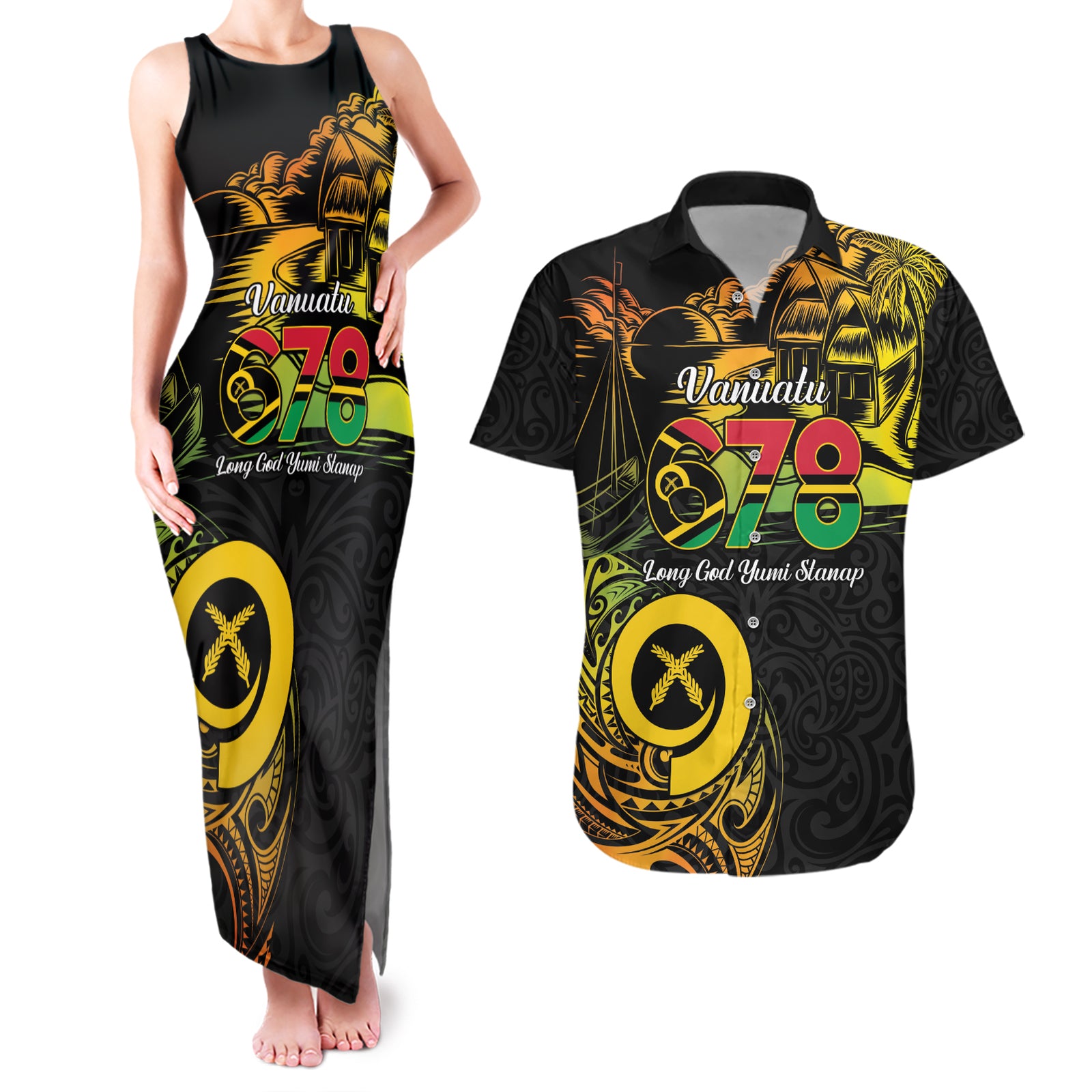 Personalised Vanuatu 678 Couples Matching Tank Maxi Dress and Hawaiian Shirt Proud To Be A Ni-Van LT14 Black - Polynesian Pride