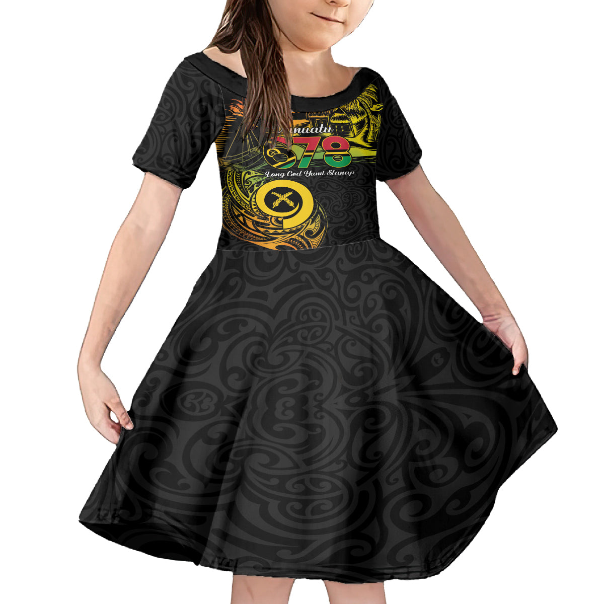 Personalised Vanuatu 678 Family Matching Puletasi and Hawaiian Shirt Proud To Be A Ni-Van LT14 Daughter's Dress Black - Polynesian Pride