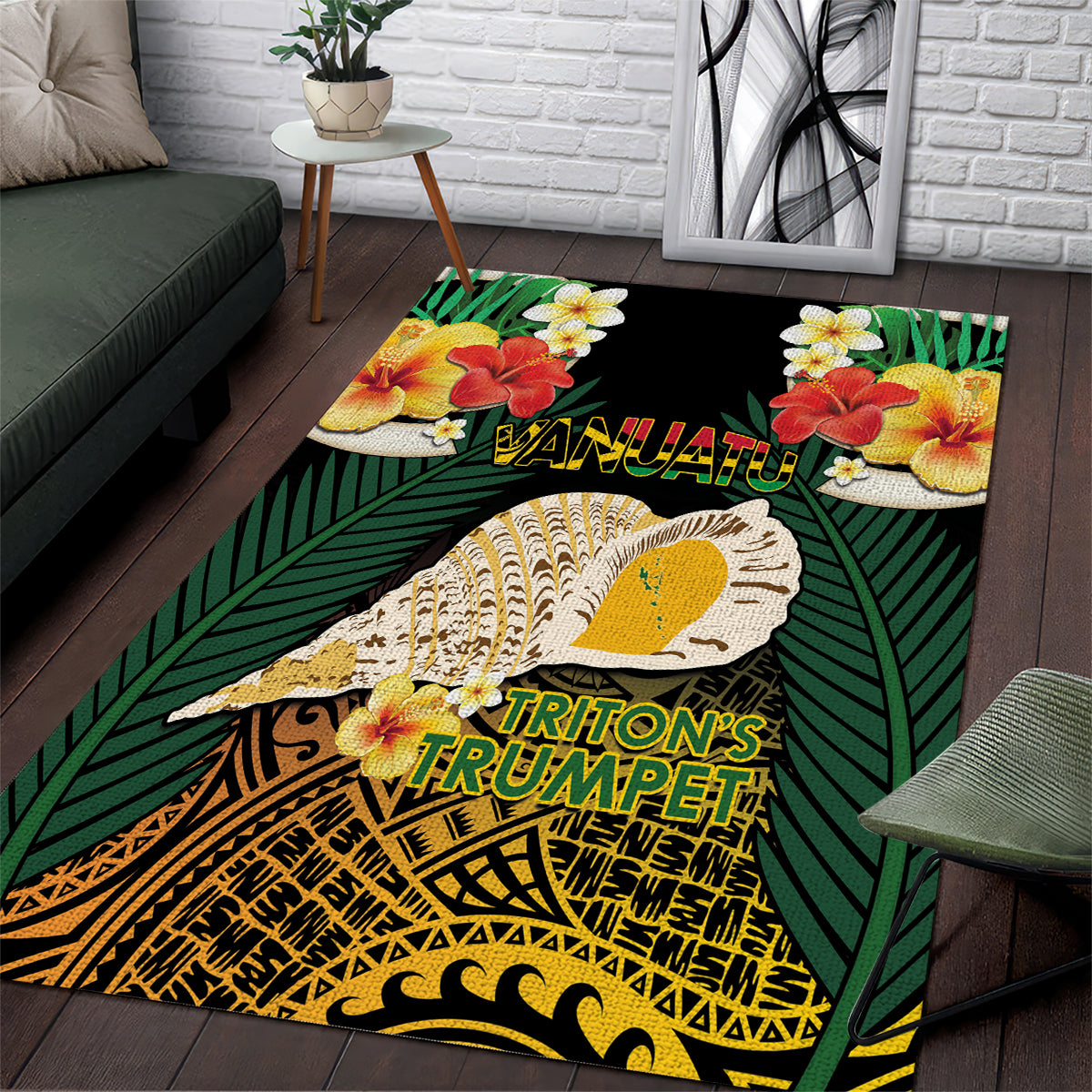 Vanuatu Triton's Trumpet Area Rug Tropical Flowers Vanuatuan Map