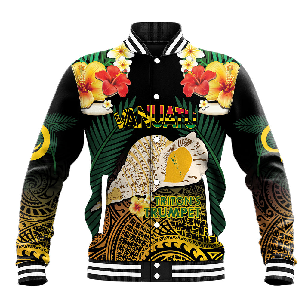 Vanuatu Triton's Trumpet Baseball Jacket Tropical Flowers Vanuatuan Map LT14 Unisex Black - Polynesian Pride