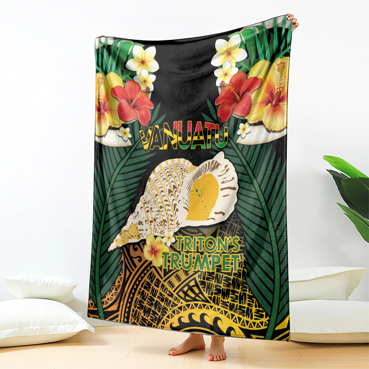 Vanuatu Triton's Trumpet Blanket Tropical Flowers Vanuatuan Map LT14 - Polynesian Pride