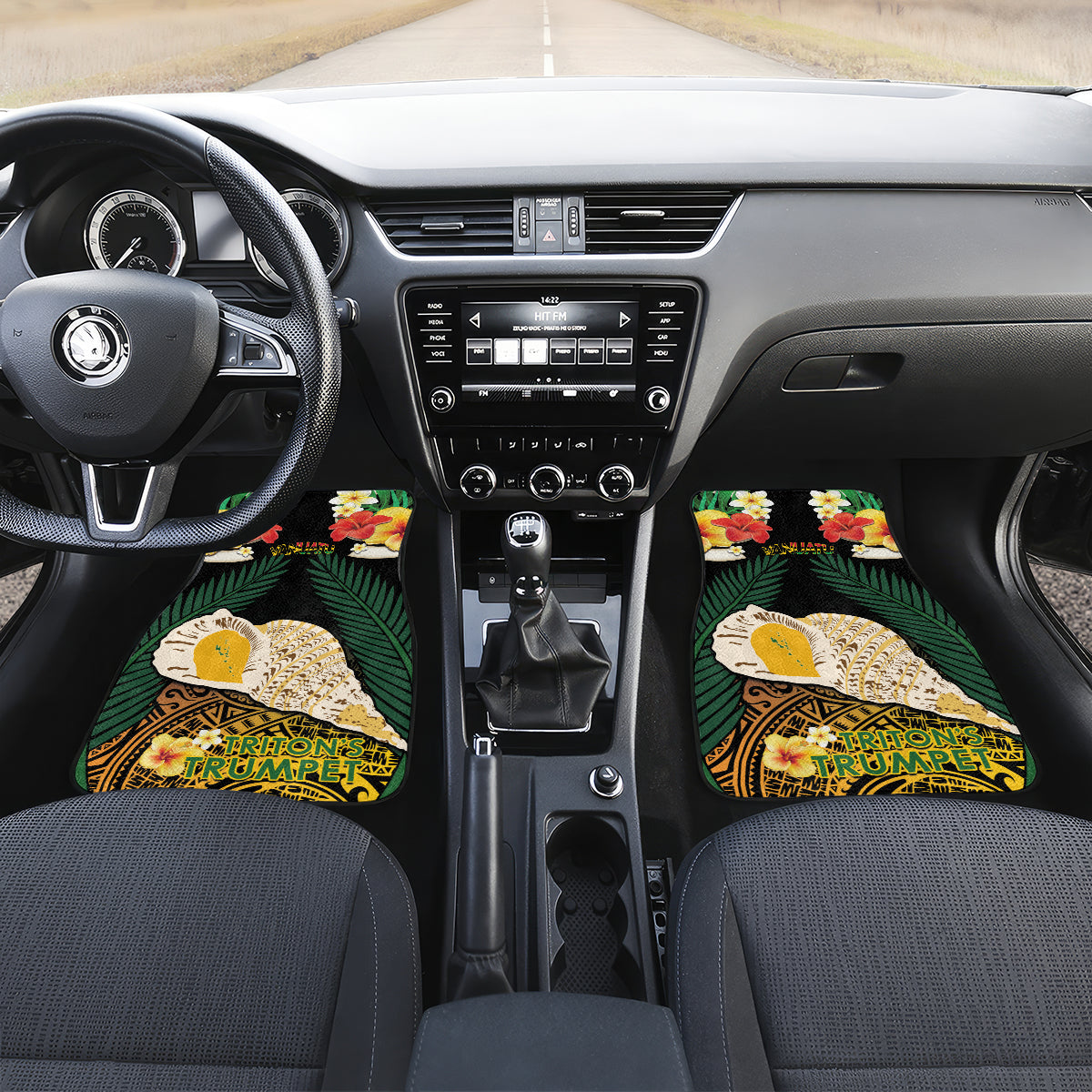 Vanuatu Triton's Trumpet Car Mats Tropical Flowers Vanuatuan Map LT14 Set 2pcs - Front Black - Polynesian Pride