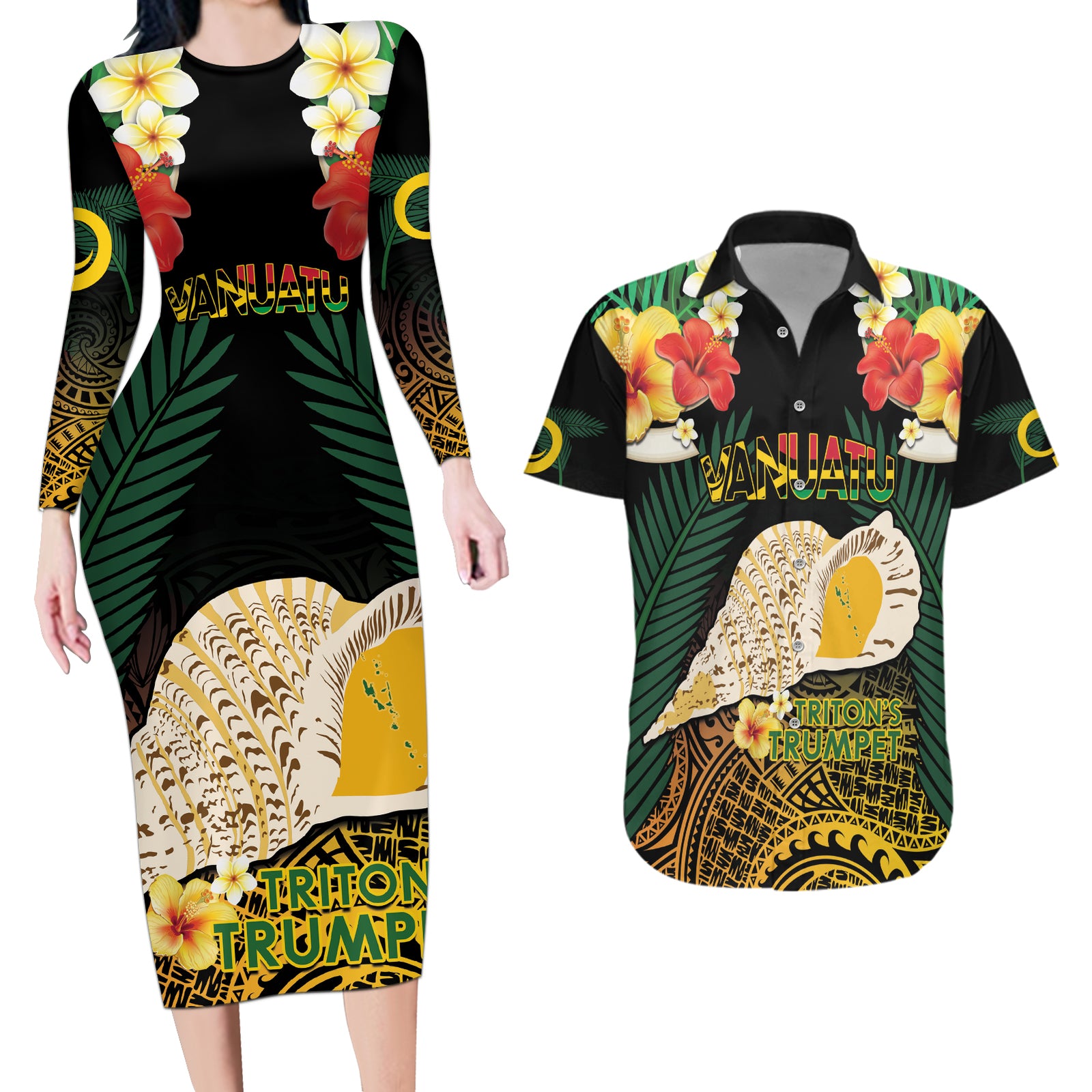 Vanuatu Triton's Trumpet Couples Matching Long Sleeve Bodycon Dress and Hawaiian Shirt Tropical Flowers Vanuatuan Map LT14 Black - Polynesian Pride