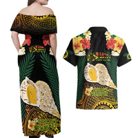 Vanuatu Triton's Trumpet Couples Matching Off Shoulder Maxi Dress and Hawaiian Shirt Tropical Flowers Vanuatuan Map