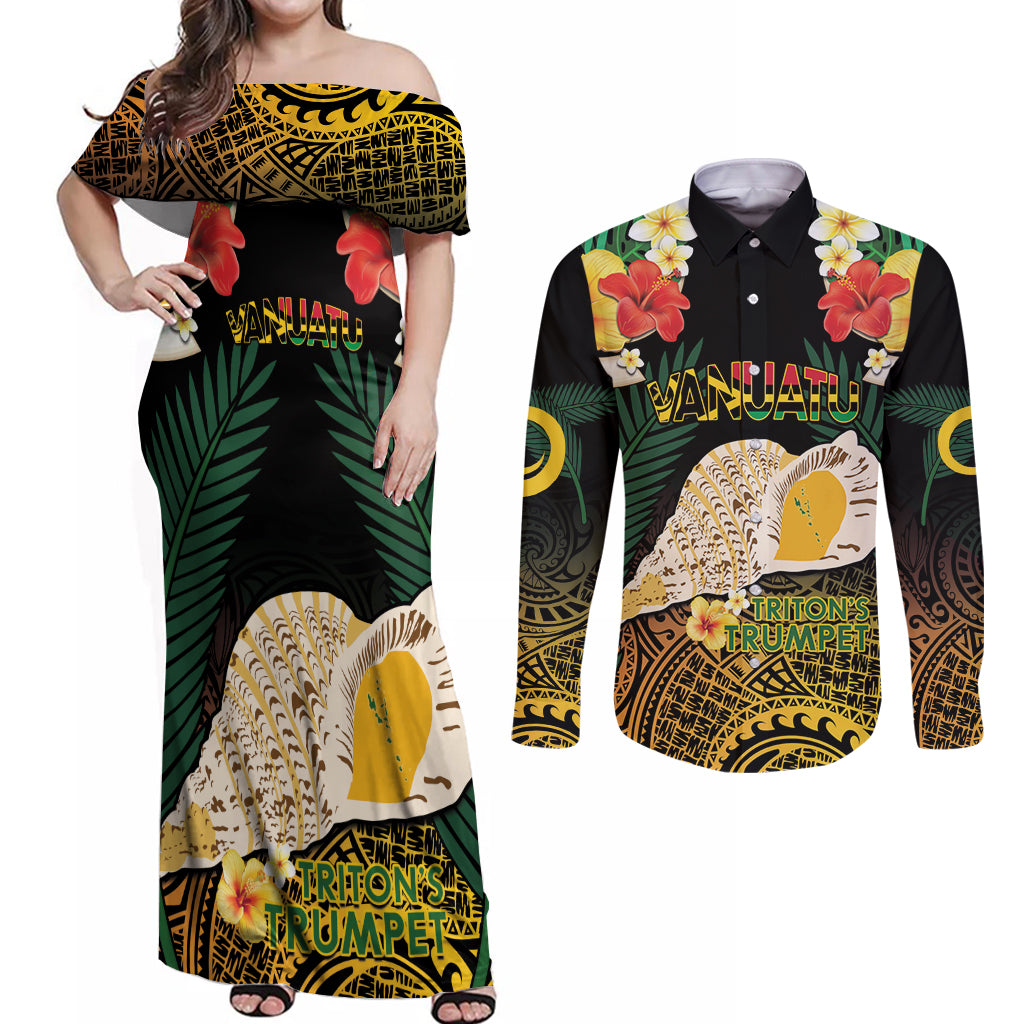 Vanuatu Triton's Trumpet Couples Matching Off Shoulder Maxi Dress and Long Sleeve Button Shirt Tropical Flowers Vanuatuan Map LT14 Black - Polynesian Pride