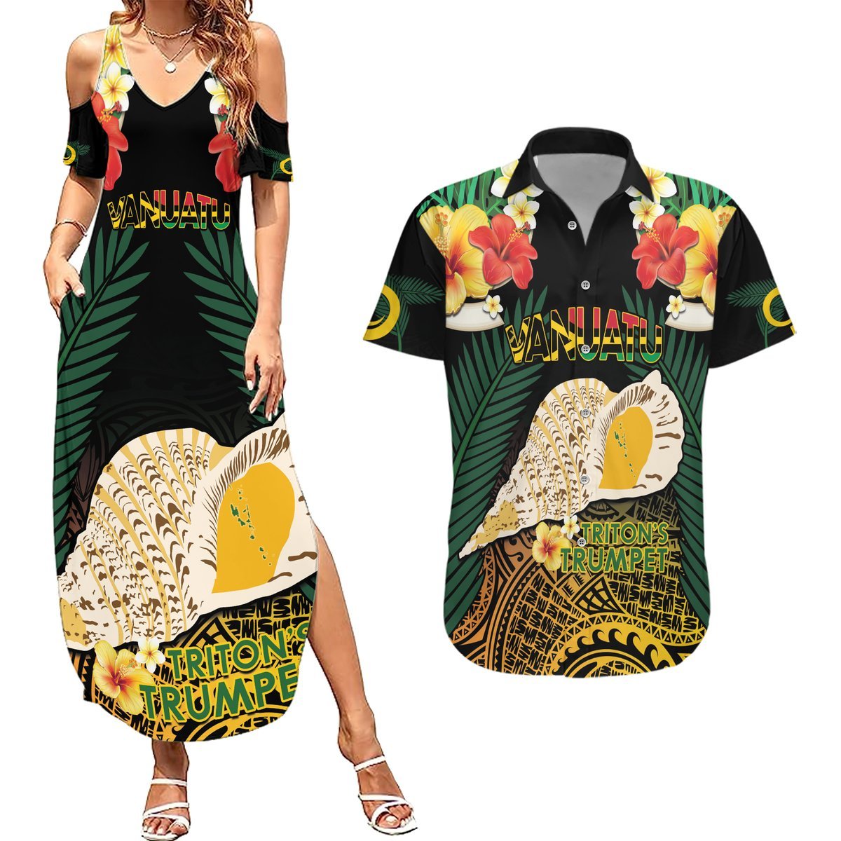 Vanuatu Triton's Trumpet Couples Matching Summer Maxi Dress and Hawaiian Shirt Tropical Flowers Vanuatuan Map LT14 Black - Polynesian Pride