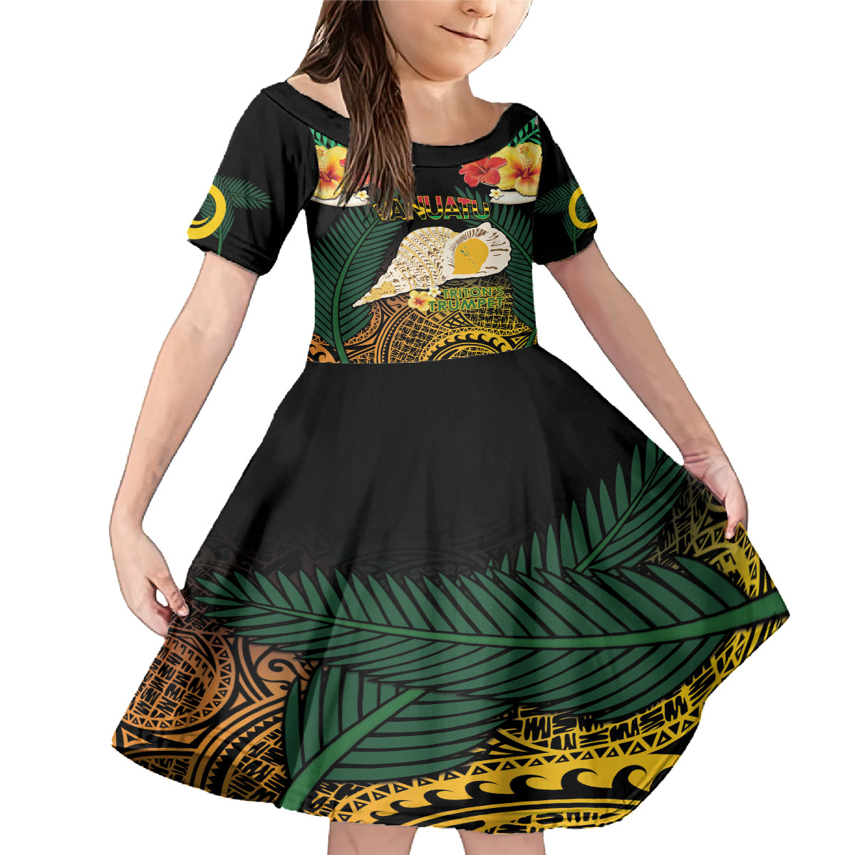 Vanuatu Triton's Trumpet Family Matching Mermaid Dress and Hawaiian Shirt Tropical Flowers Vanuatuan Map