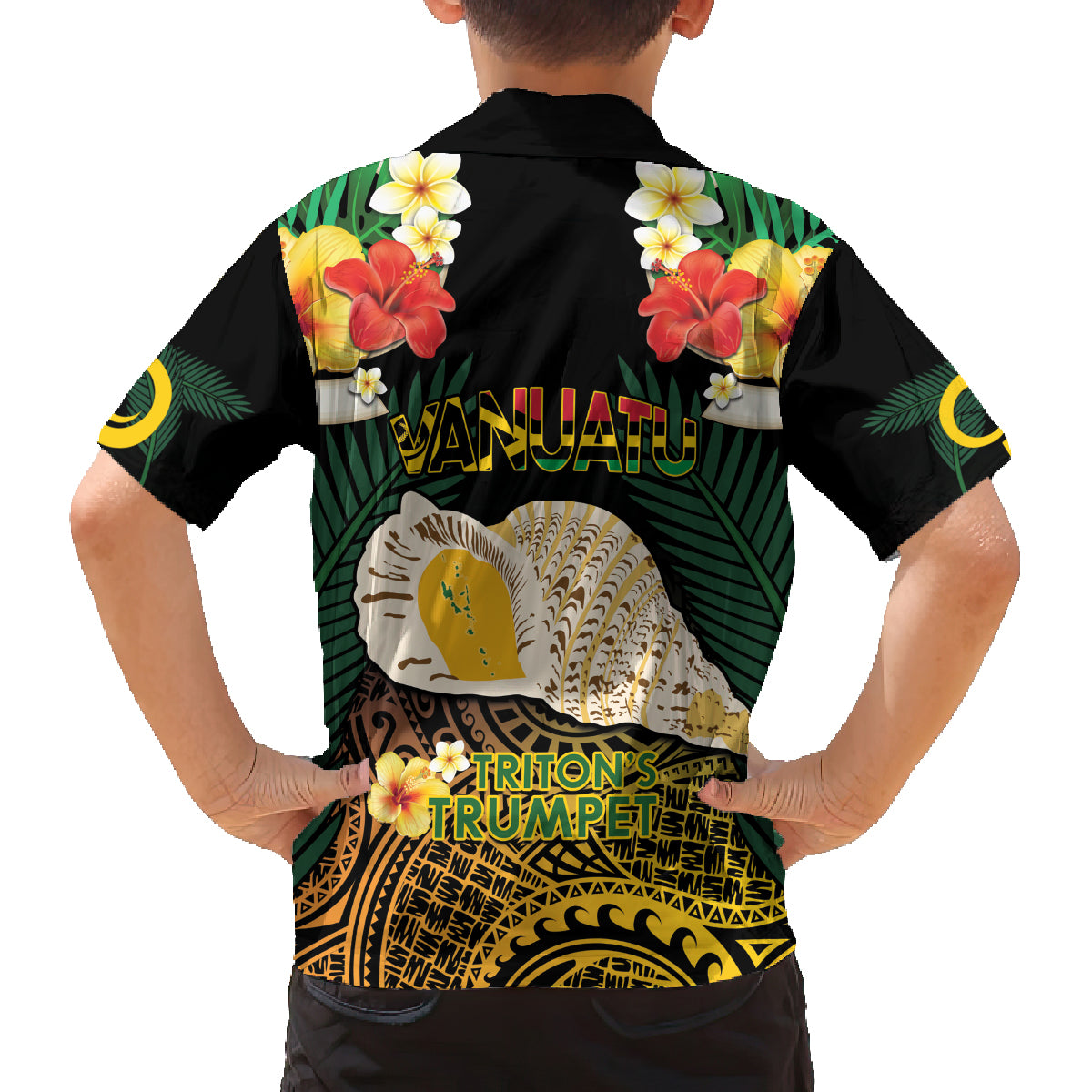 Vanuatu Triton's Trumpet Family Matching Off The Shoulder Long Sleeve Dress and Hawaiian Shirt Tropical Flowers Vanuatuan Map