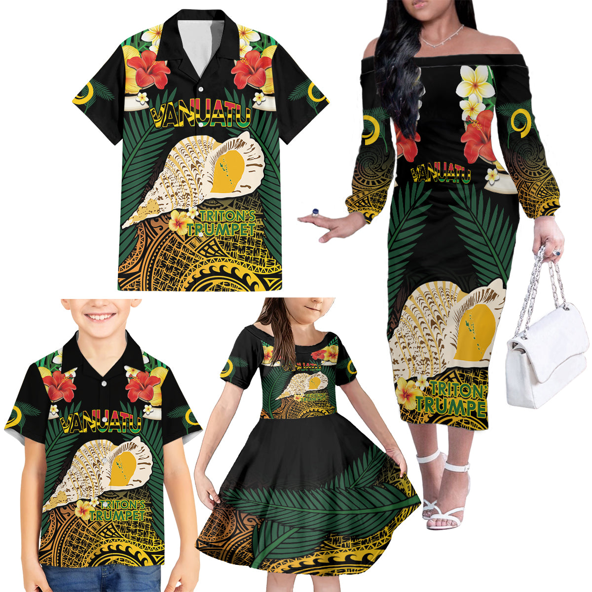 Vanuatu Triton's Trumpet Family Matching Off The Shoulder Long Sleeve Dress and Hawaiian Shirt Tropical Flowers Vanuatuan Map