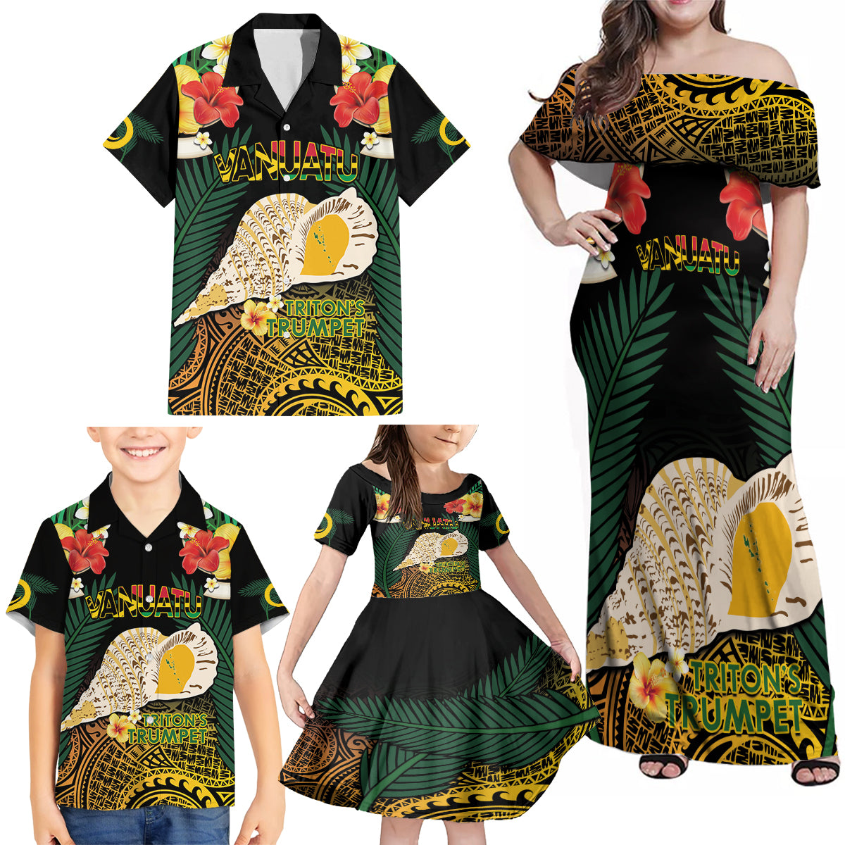 Vanuatu Triton's Trumpet Family Matching Off Shoulder Maxi Dress and Hawaiian Shirt Tropical Flowers Vanuatuan Map