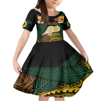 Vanuatu Triton's Trumpet Family Matching Off Shoulder Short Dress and Hawaiian Shirt Tropical Flowers Vanuatuan Map LT14 Daughter's Dress Black - Polynesian Pride