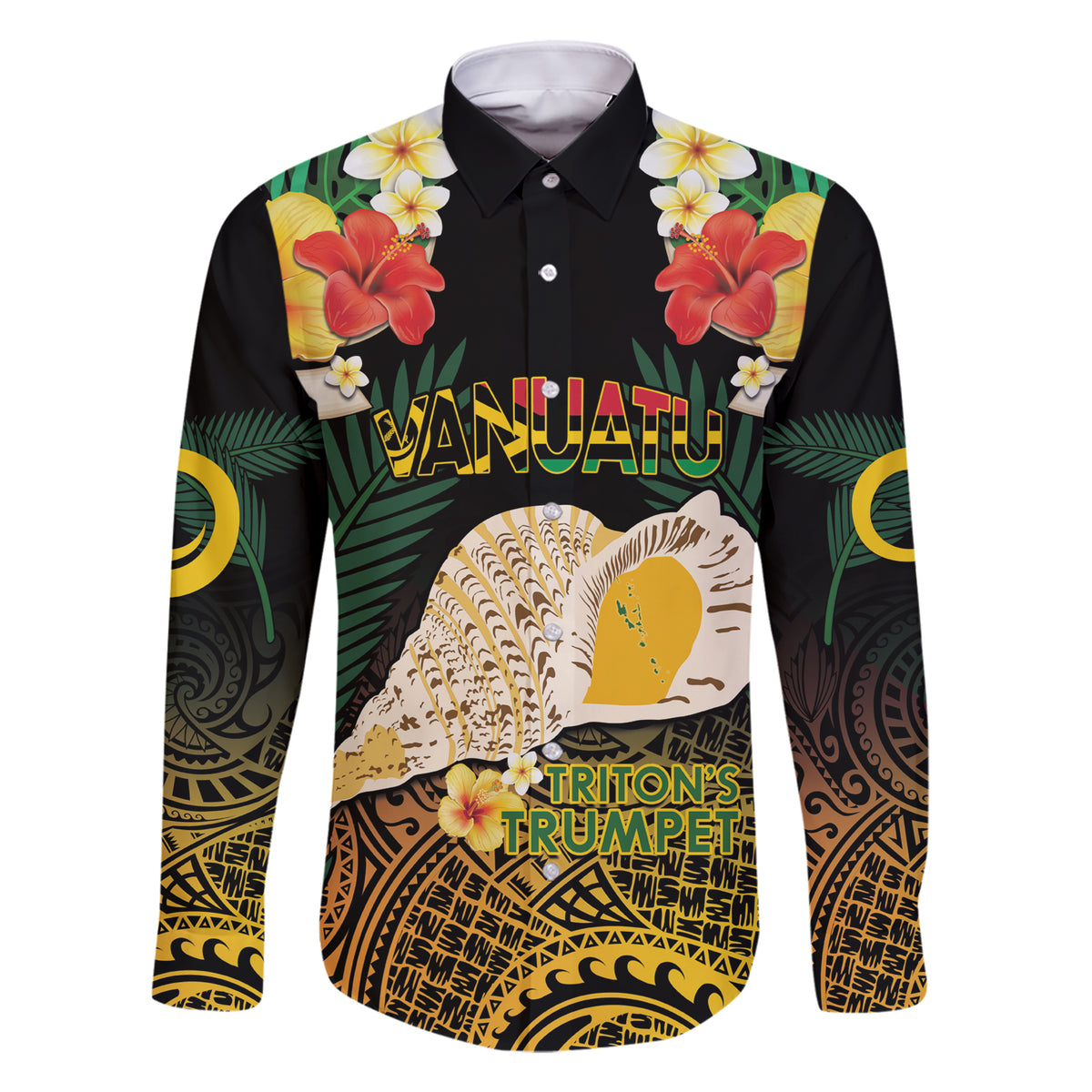 Vanuatu Triton's Trumpet Family Matching Short Sleeve Bodycon Dress and Hawaiian Shirt Tropical Flowers Vanuatuan Map