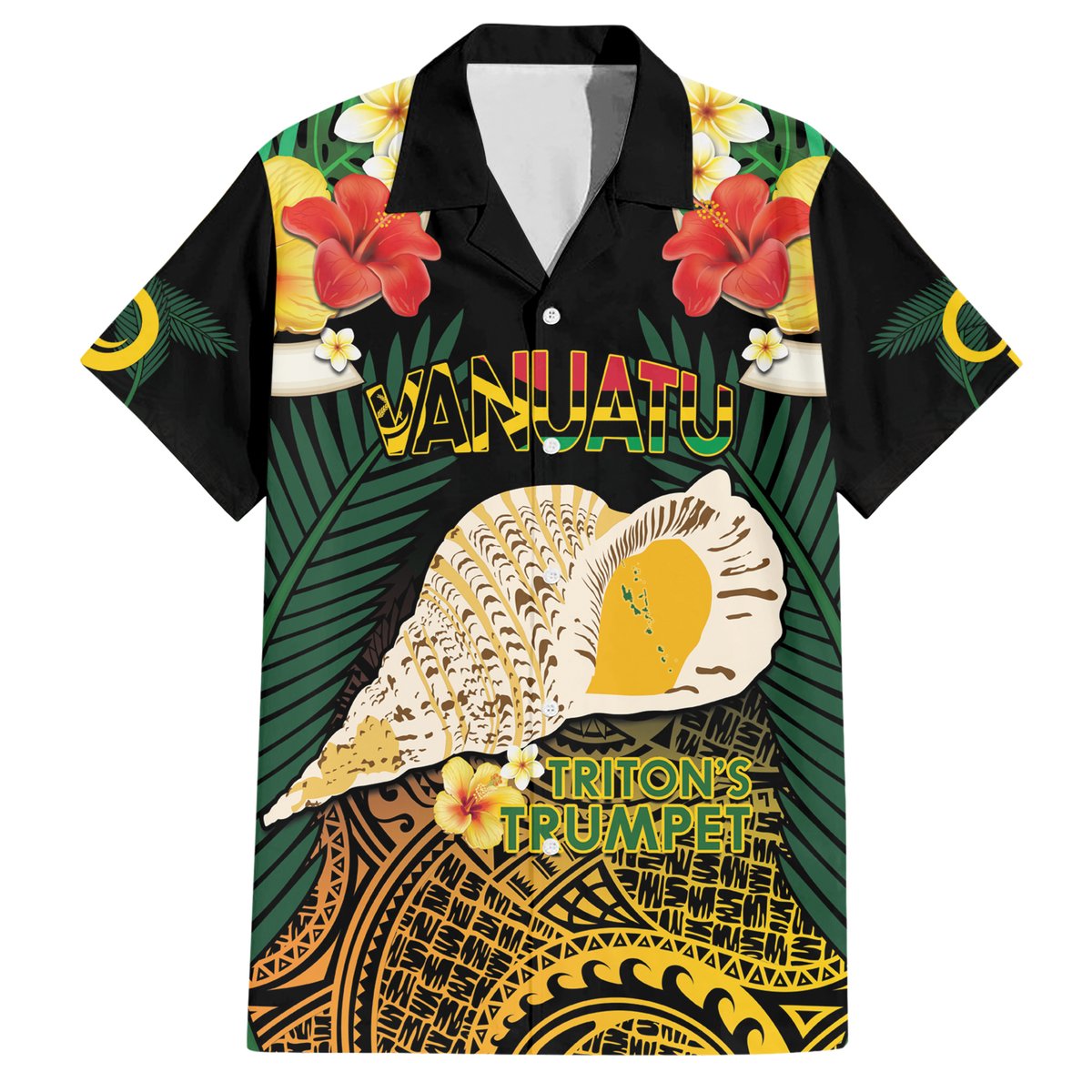 Vanuatu Triton's Trumpet Hawaiian Shirt Tropical Flowers Vanuatuan Map LT14 Black - Polynesian Pride