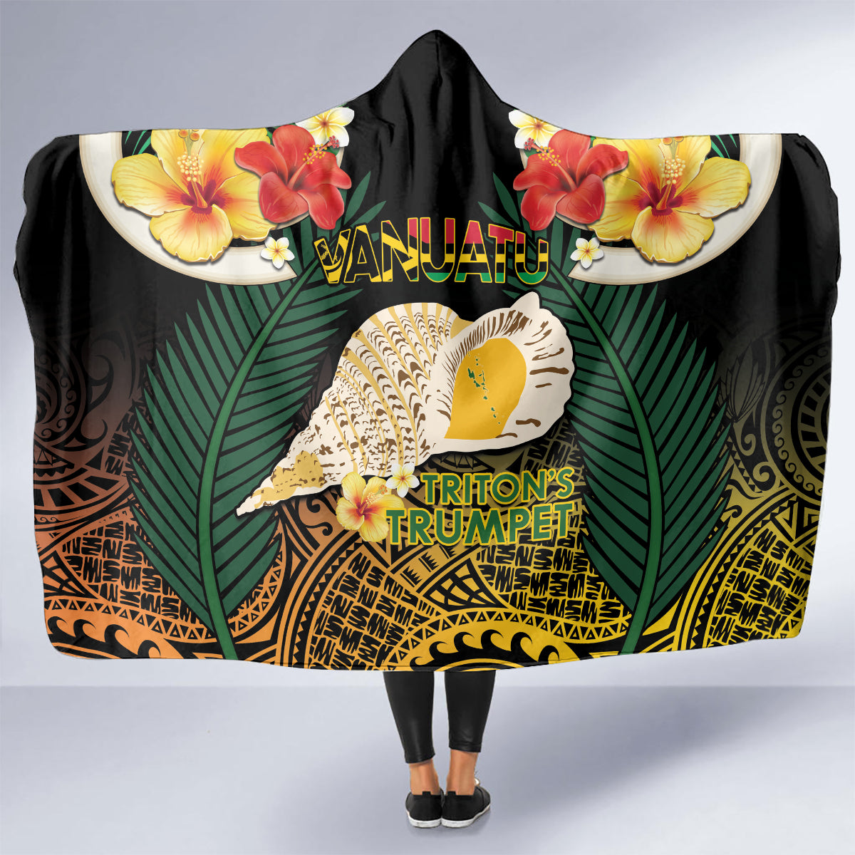 Vanuatu Triton's Trumpet Hooded Blanket Tropical Flowers Vanuatuan Map LT14 - Polynesian Pride
