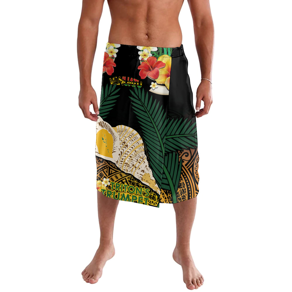 Vanuatu Triton's Trumpet Lavalava Tropical Flowers Vanuatuan Map LT14 Black - Polynesian Pride