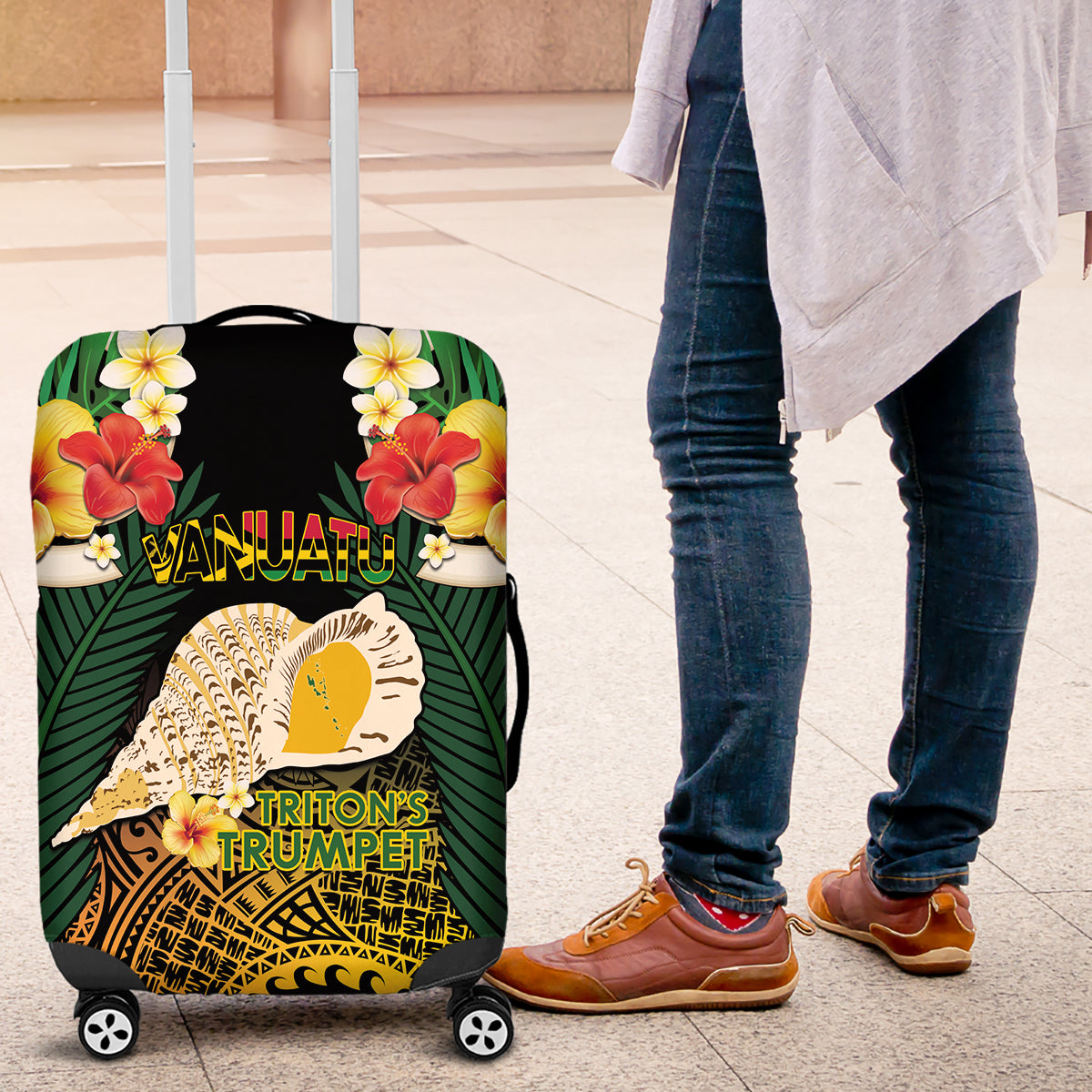 Vanuatu Triton's Trumpet Luggage Cover Tropical Flowers Vanuatuan Map